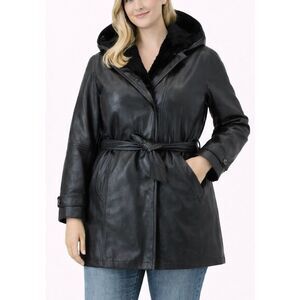 Vintage Leather black hooded faux fur lined trench jacket M